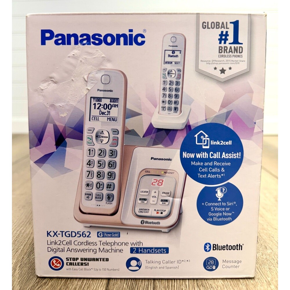 PANASONIC KX-TGD562 BLUETOOTH TO CELL CORDLESS PHONE 2 HANDSETS WHITE ROSE GOLD